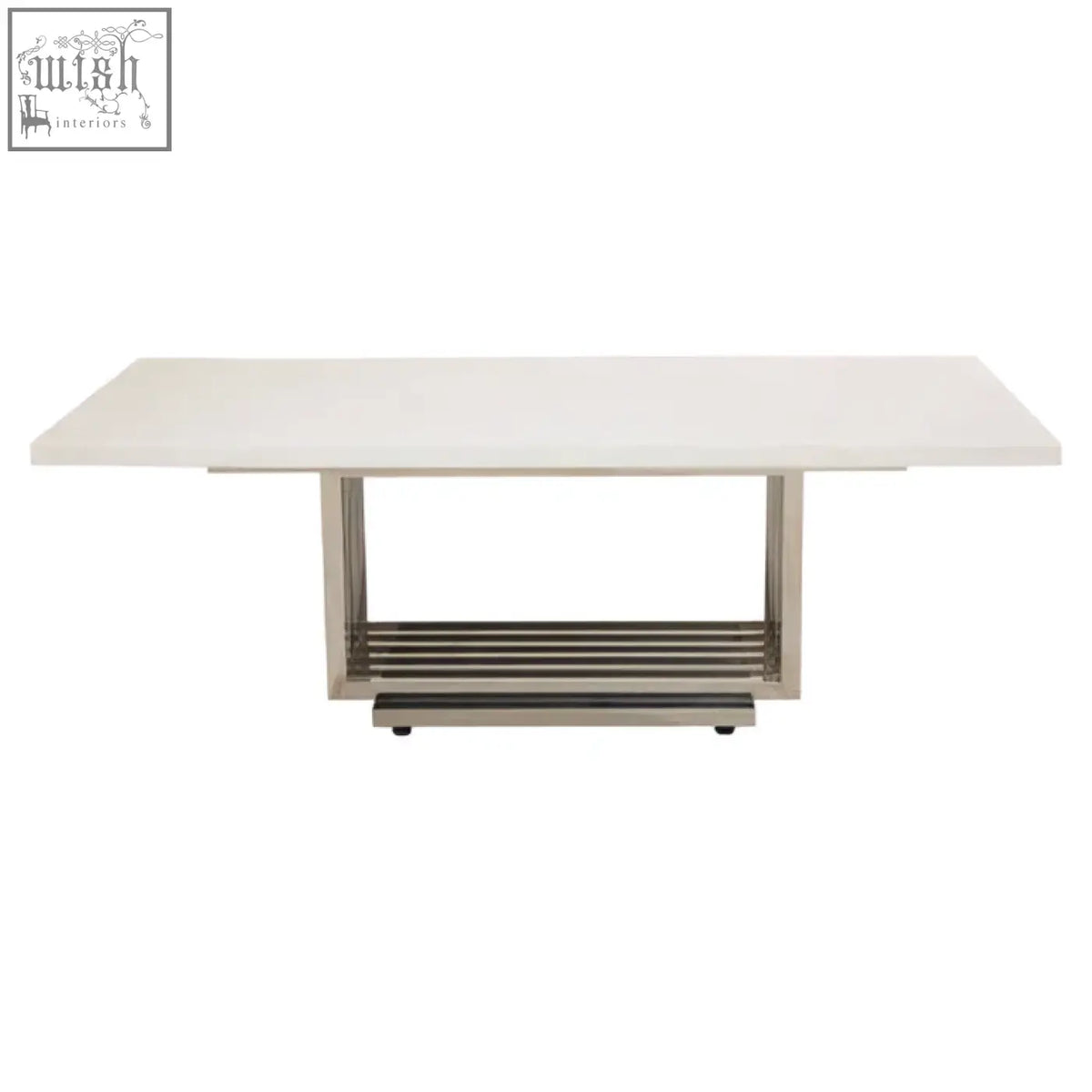Modern white faux marble coffee table with sleek silver finish frame and lower shelf for stylish living rooms