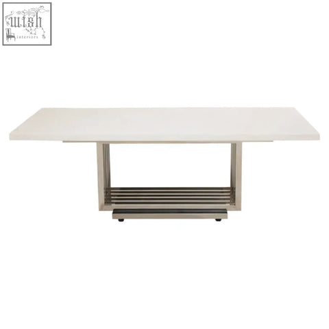 Modern white faux marble coffee table with sleek silver finish frame and lower shelf for stylish living rooms