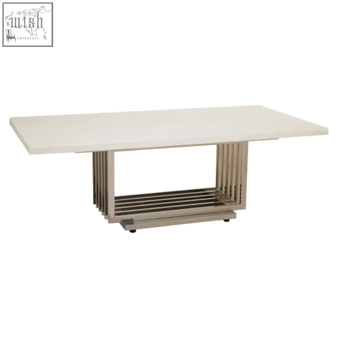 Modern rectangular faux marble coffee table with smooth white top and silver finish frame featuring vertical slats