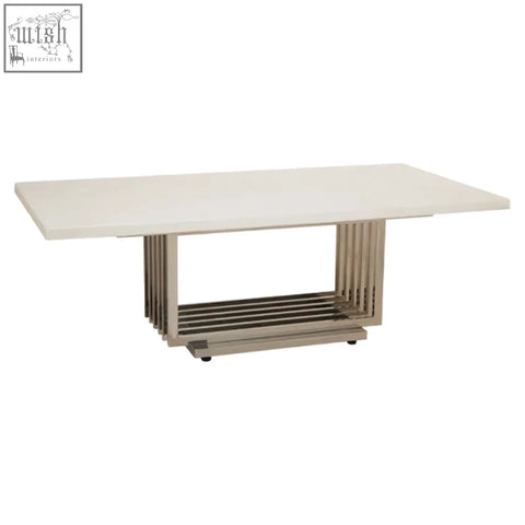 Modern rectangular faux marble coffee table with smooth white top and silver finish frame featuring vertical slats