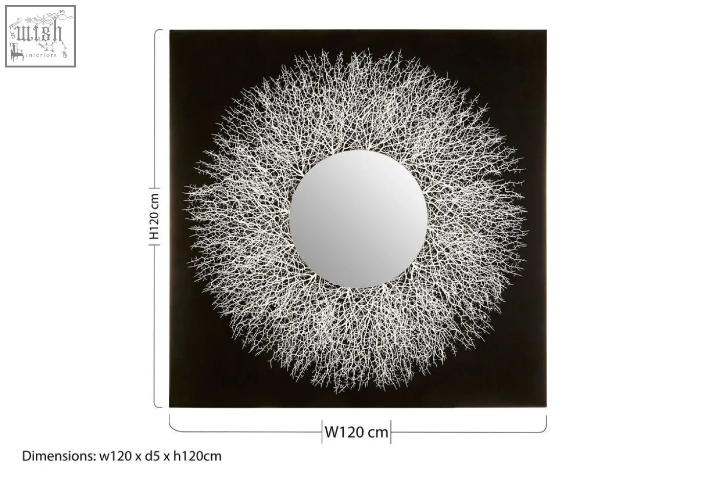 A circular abstract mirrored wall art with a branching silver metal frame on a black background for modern decor