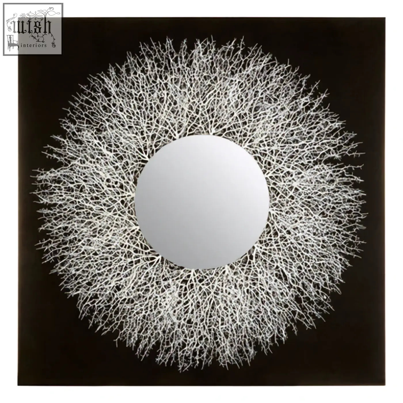 White coral-inspired abstract mirrored wall with circular center and intricate branching details for mirrored wall art