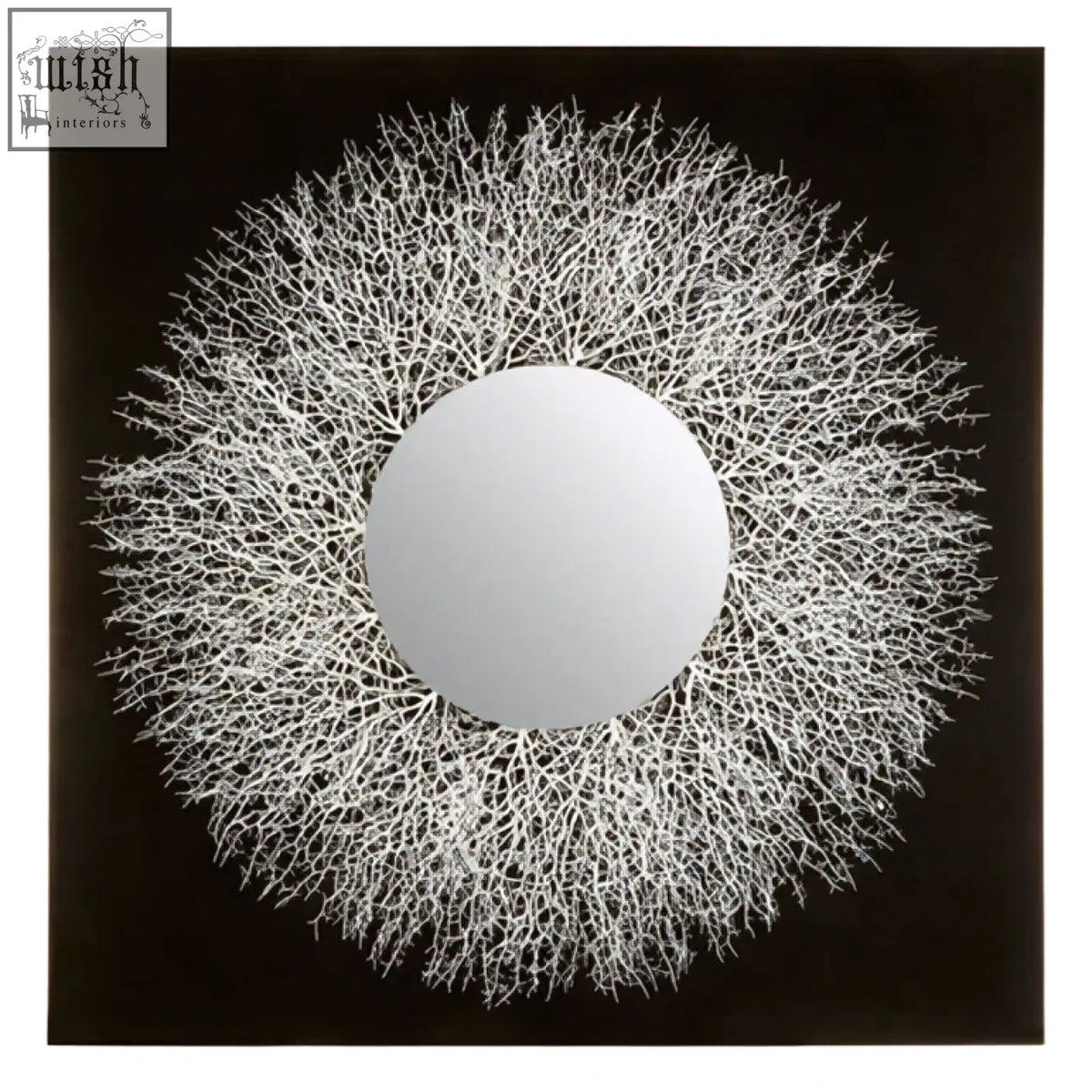 White coral-inspired abstract mirrored wall with circular center and intricate branching details for mirrored wall art