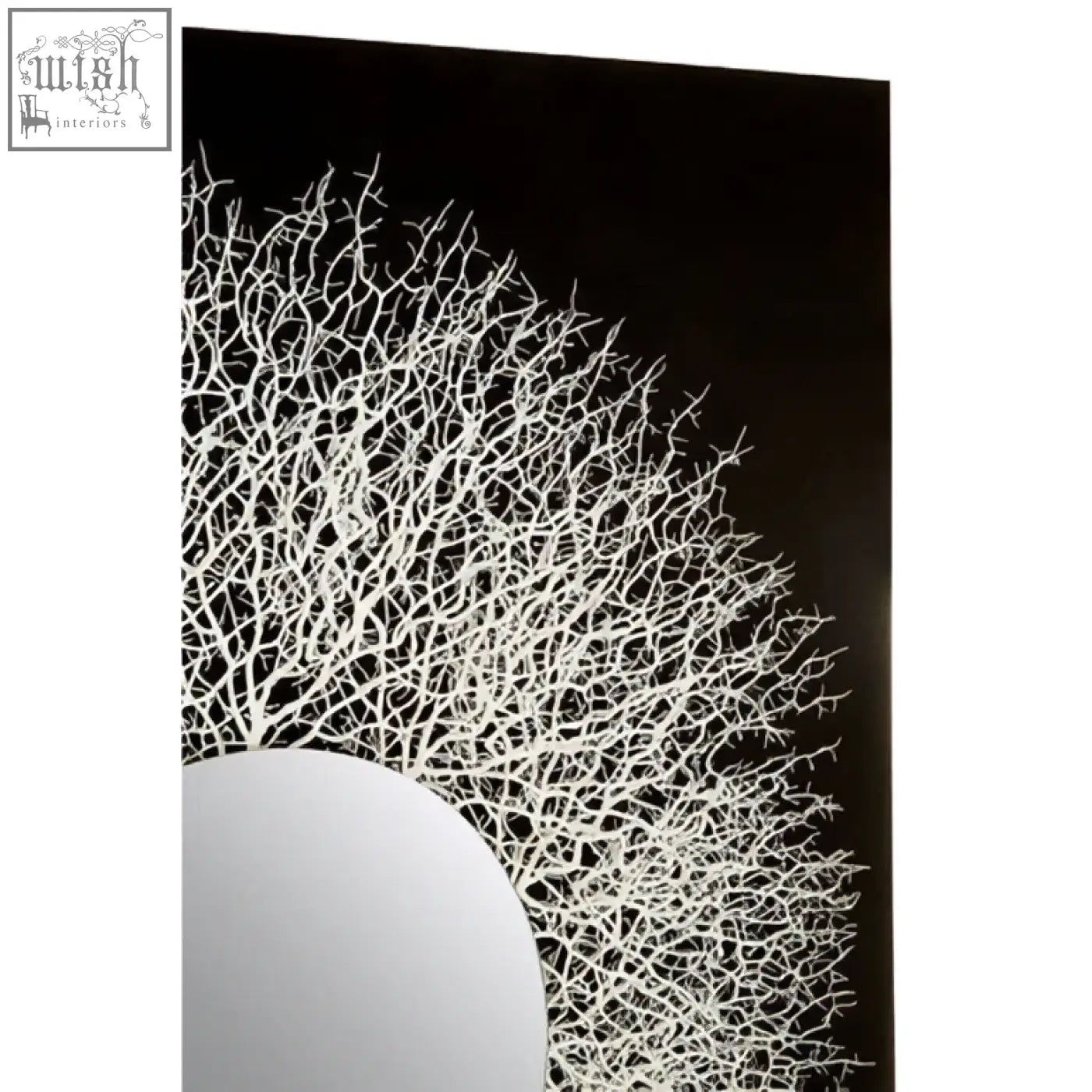White coral-like sculpture in modello abstract mirrored wall art shows unique abstract mirrored wall design on black background
