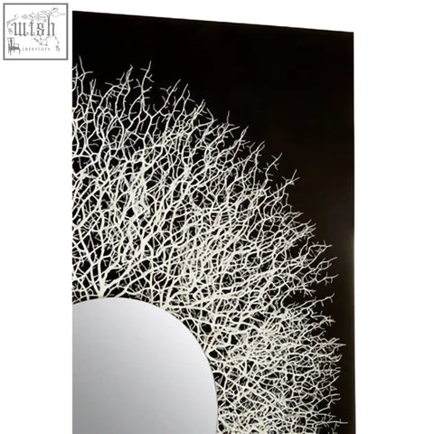 White coral-like sculpture in modello abstract mirrored wall art shows unique abstract mirrored wall design on black background