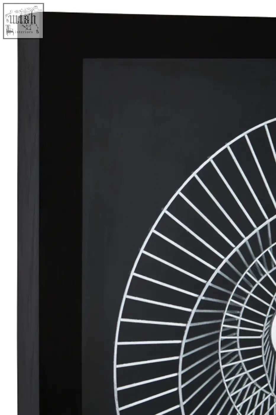 Black framed modello silver and black wall art with white concentric circles on dark background perfect focal point wall art