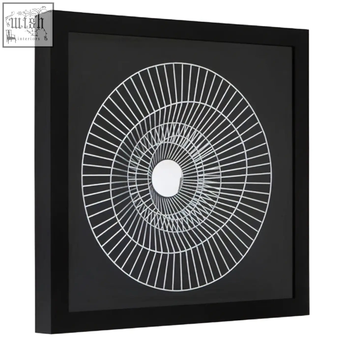 Black framed modello silver and black wall art with white concentric circles as a modern black wall art focal point