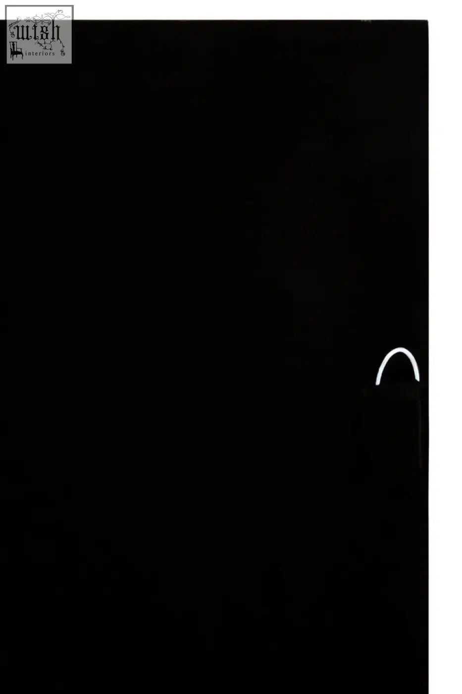 Minimalist white arc shaped logo wall art on solid black background perfect black wall art focal point