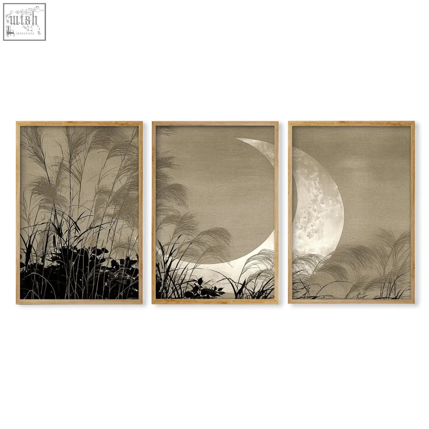 Set of three modern asian wall art prints with crescent moon and pampas grass in sepia tones and light wood frames