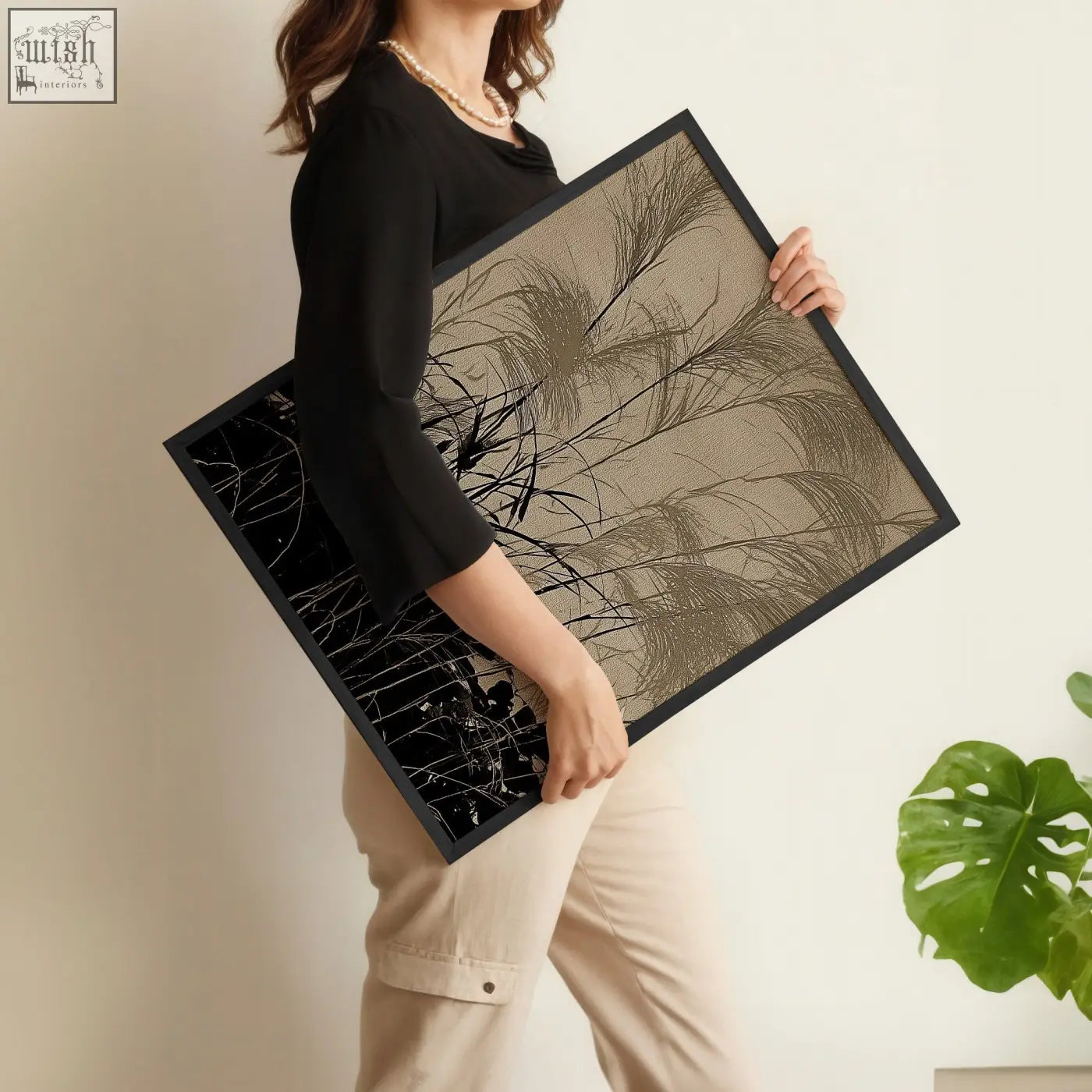 Black-framed rectangular modern asian wall art print with abstract crescent moon and botanical illustrations in beige tones