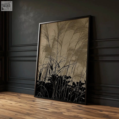 Black framed modern asian wall art featuring minimalist sepia pampas grass illustration with crescent moon design