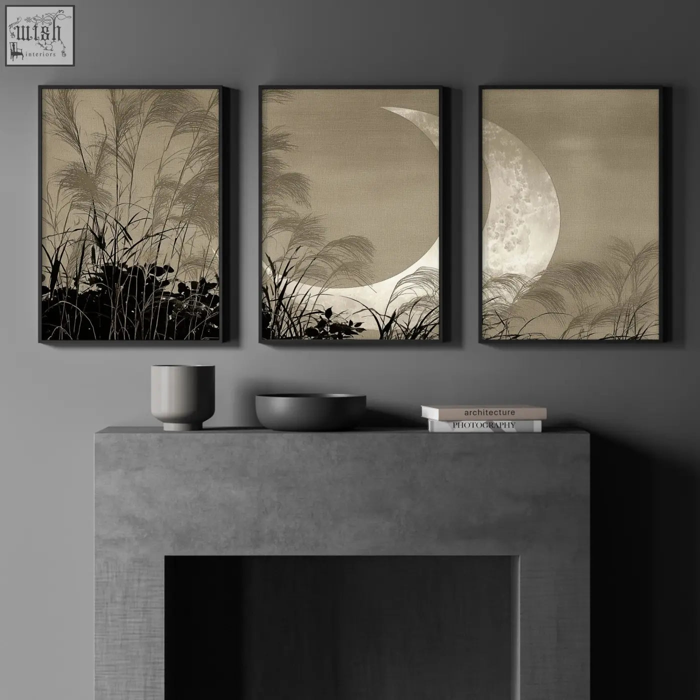 Three sepia toned crescent moon modern asian wall art prints with reeds hang above a concrete fireplace mantel