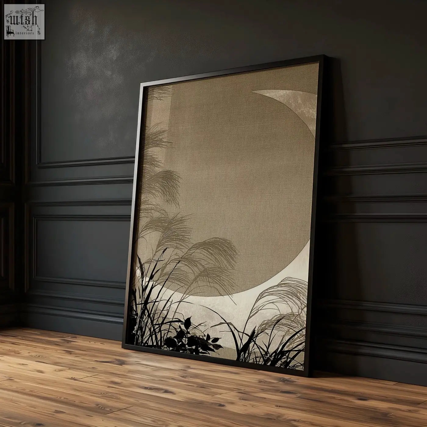 Minimalist modern asian wall art featuring a textured beige crescent moon and black pampas grass in a black frame