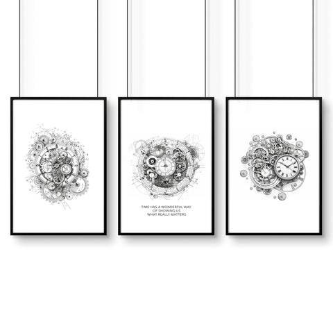 Modern Bedroom Wall Decor | Set of 3 Abstract Clocks Wall art Prints