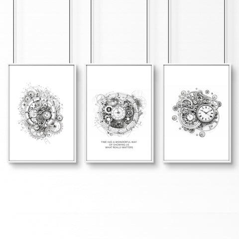 Modern Bedroom Wall Decor | Set of 3 Abstract Clocks Wall art Prints