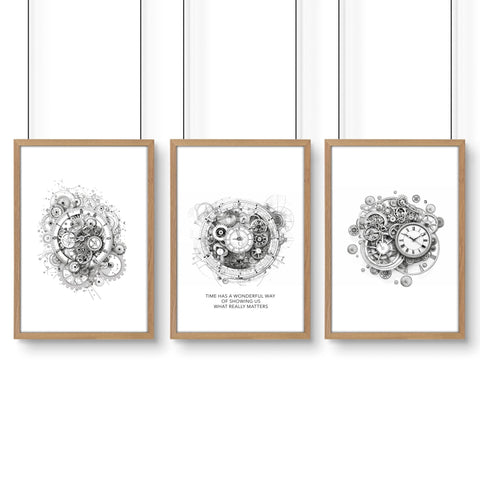 Modern Bedroom Wall Decor | Set of 3 Abstract Clocks Wall art Prints
