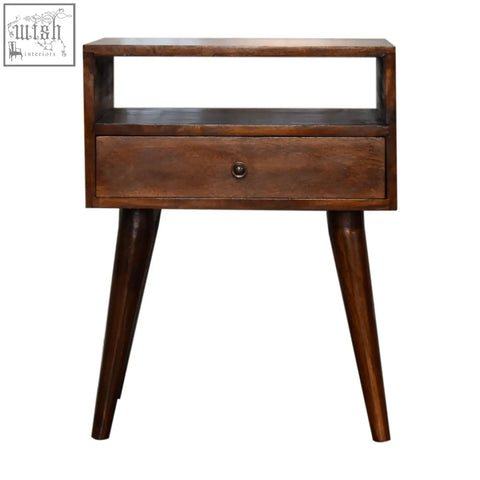 Modern chestnut solid wood bedside table with dark brown finish drawer and open shelf on tapered legs