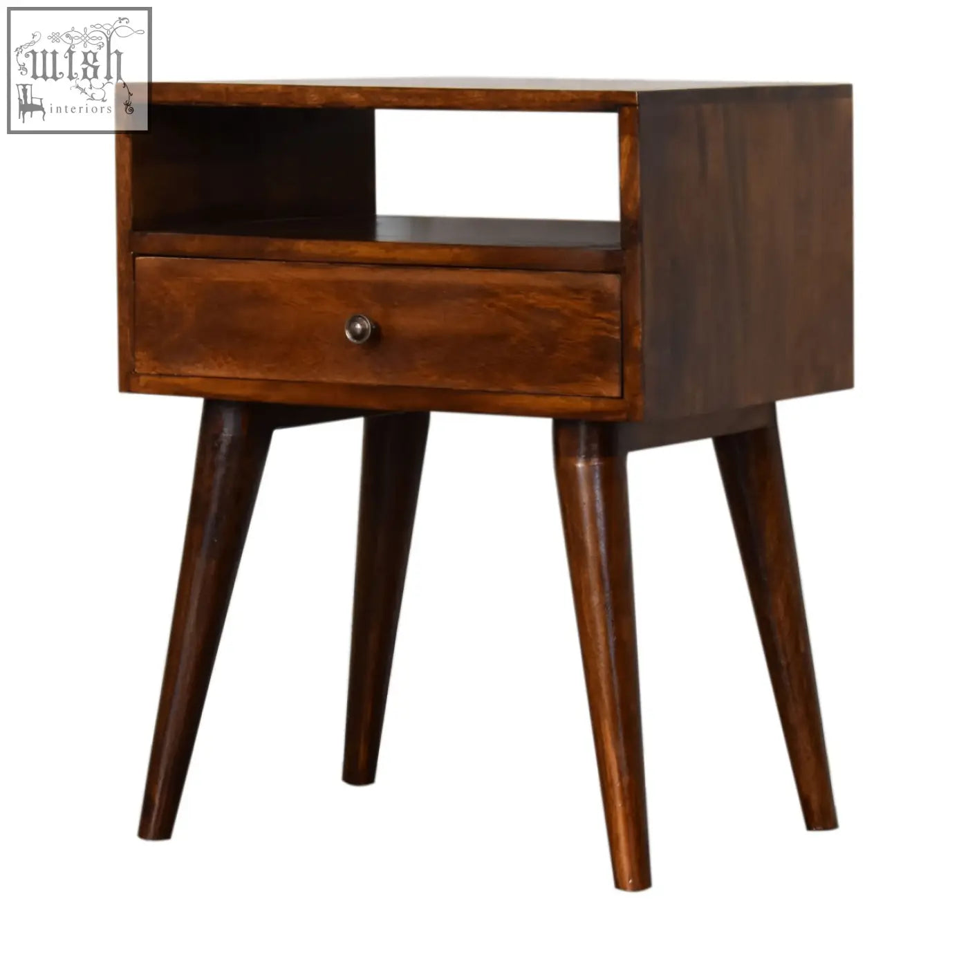 Modern chestnut solid wood bedside table with dark brown finish single drawer and angled legs for bedroom use