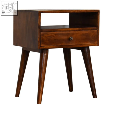 Modern chestnut solid wood bedside table with dark brown finish single drawer and angled legs for bedroom use