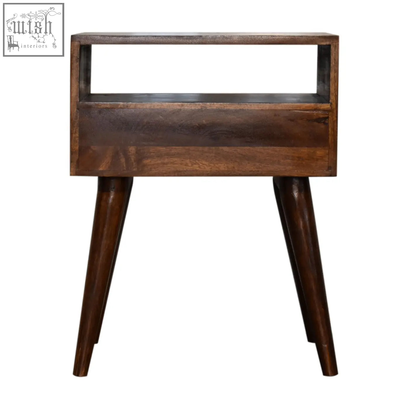 Modern chestnut solid wood bedside table in dark brown with single drawer and open shelf on tapered legs