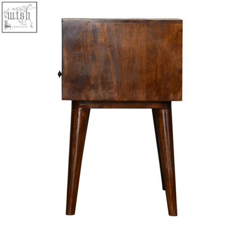 Dark brown modern chestnut solid wood bedside table with single drawer and tapered legs for bedroom use