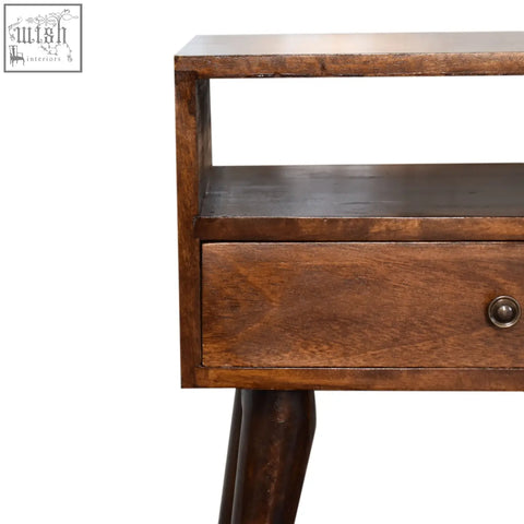 Modern chestnut solid wood bedside table in dark brown with single drawer and tapered legs for bedroom use