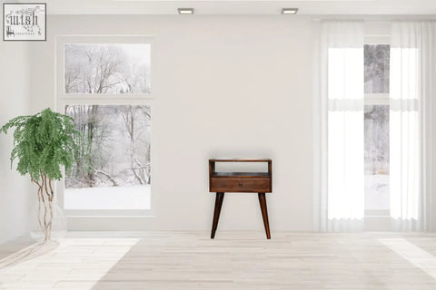 Dark wood nightstand with single drawer and tapered legs in modern chestnut solid wood bedside table design