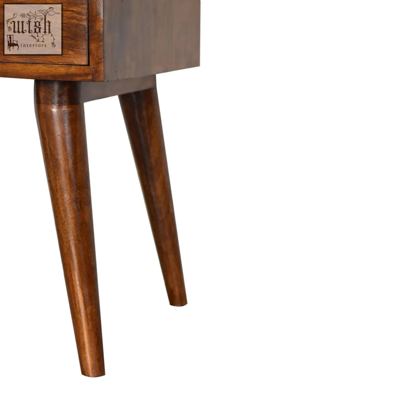 Modern chestnut solid wood bedside table with tapered legs and rich brown finish perfect for bedroom use