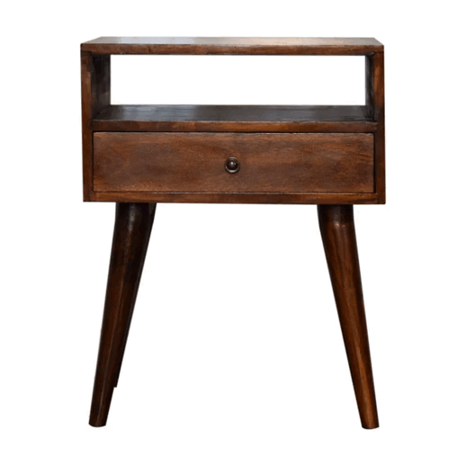 Modern chestnut solid wood bedside table with dark brown finish single drawer and tapered legs for mid-century style