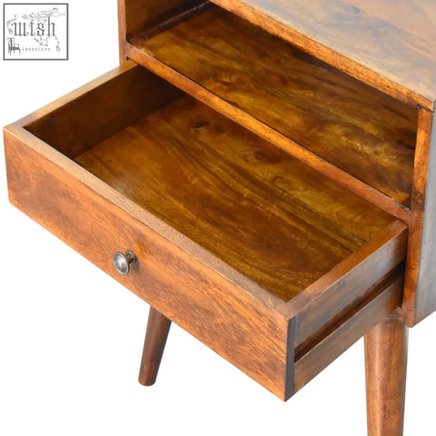 Modern chestnut solid wood bedside table with warm-toned finish tapered legs drawer and silver knob for storage