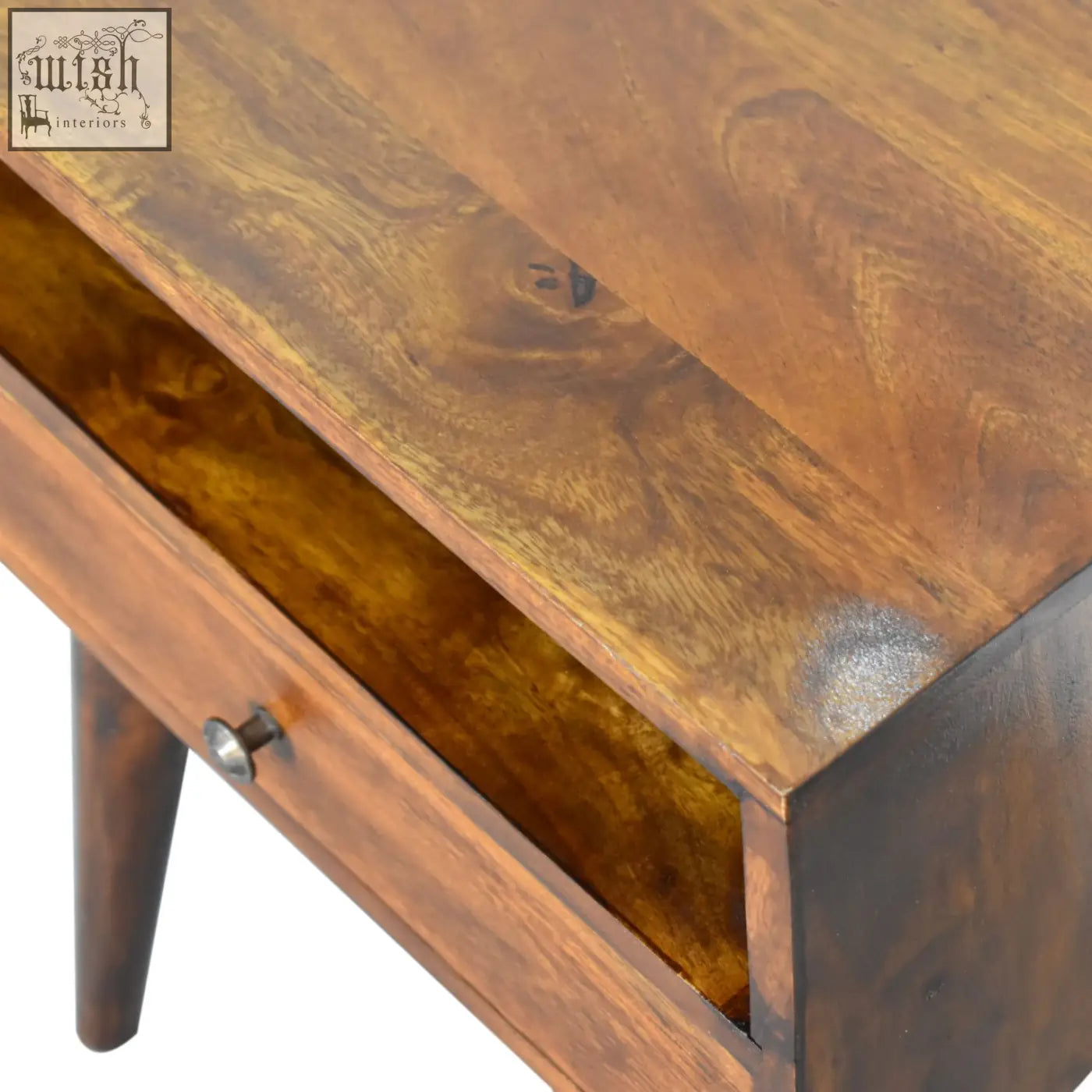 Modern chestnut solid wood bedside table with warm tones, single drawer, and tapered legs for stylish storage
