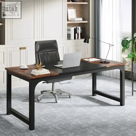 Modern conference table with black metal frame and two-tone wooden top featuring dark and light wood grain patterns