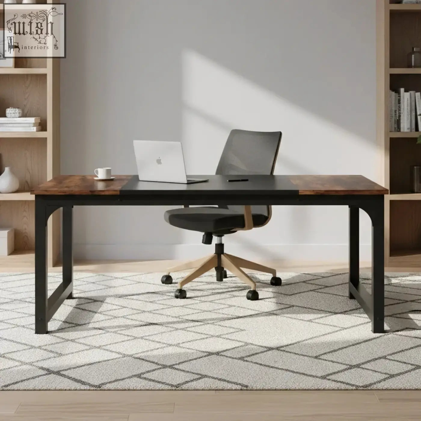 Black and wood-grain modern conference table with metal legs rectangular meeting desk for computer use