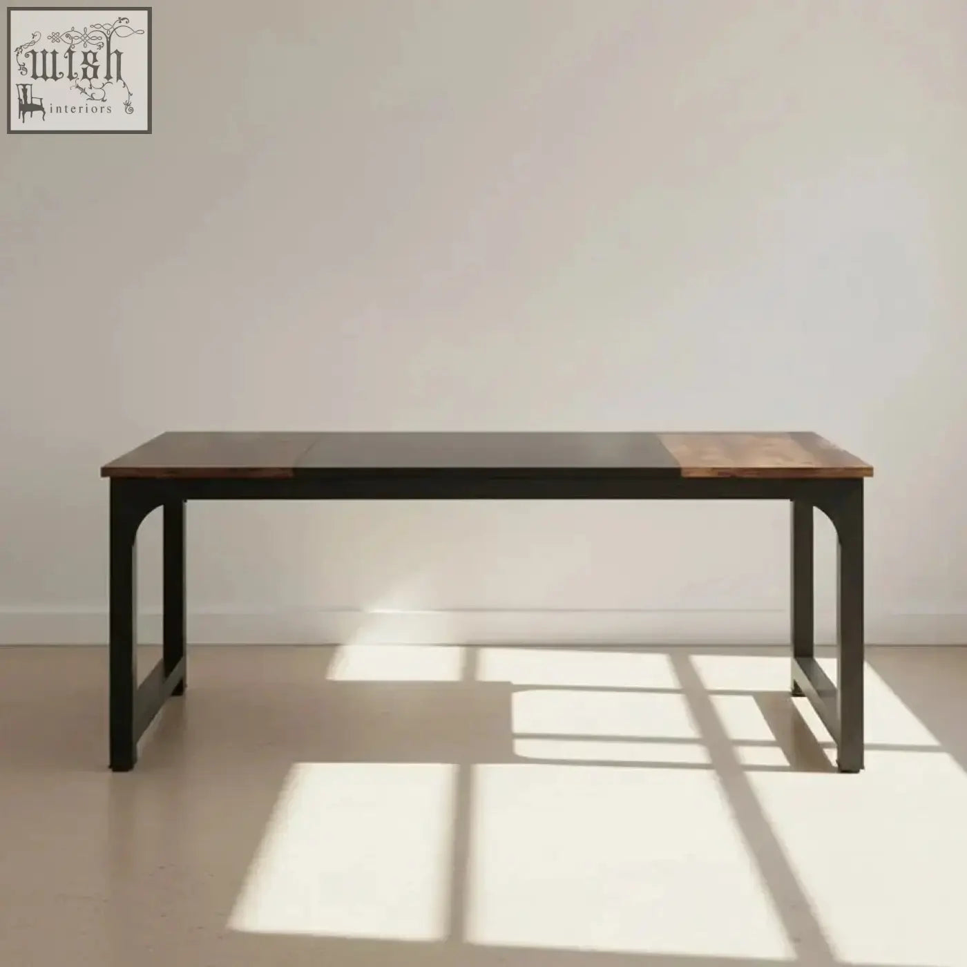 Industrial-style modern conference table with dark wood top and black metal legs designed for computer use