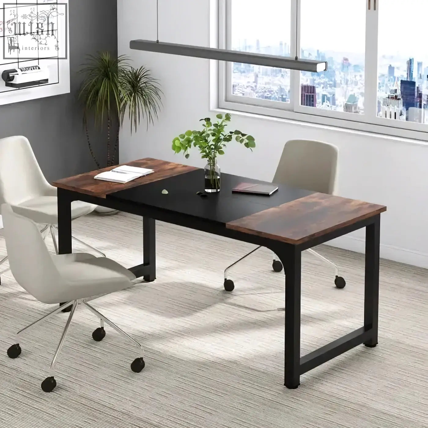 Black and wood-grain laminate modern conference table with metal legs perfect for rectangular meeting desk use