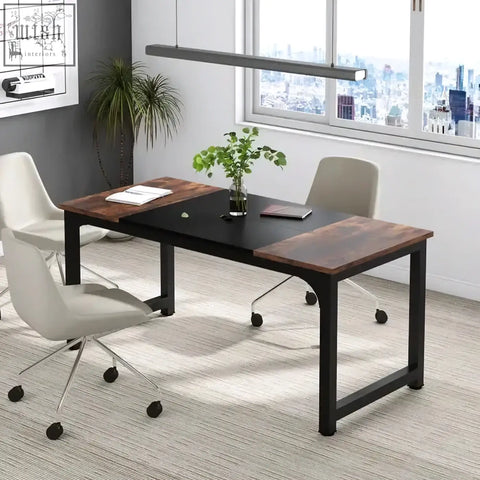 Black and wood-grain laminate modern conference table with metal legs perfect for rectangular meeting desk use