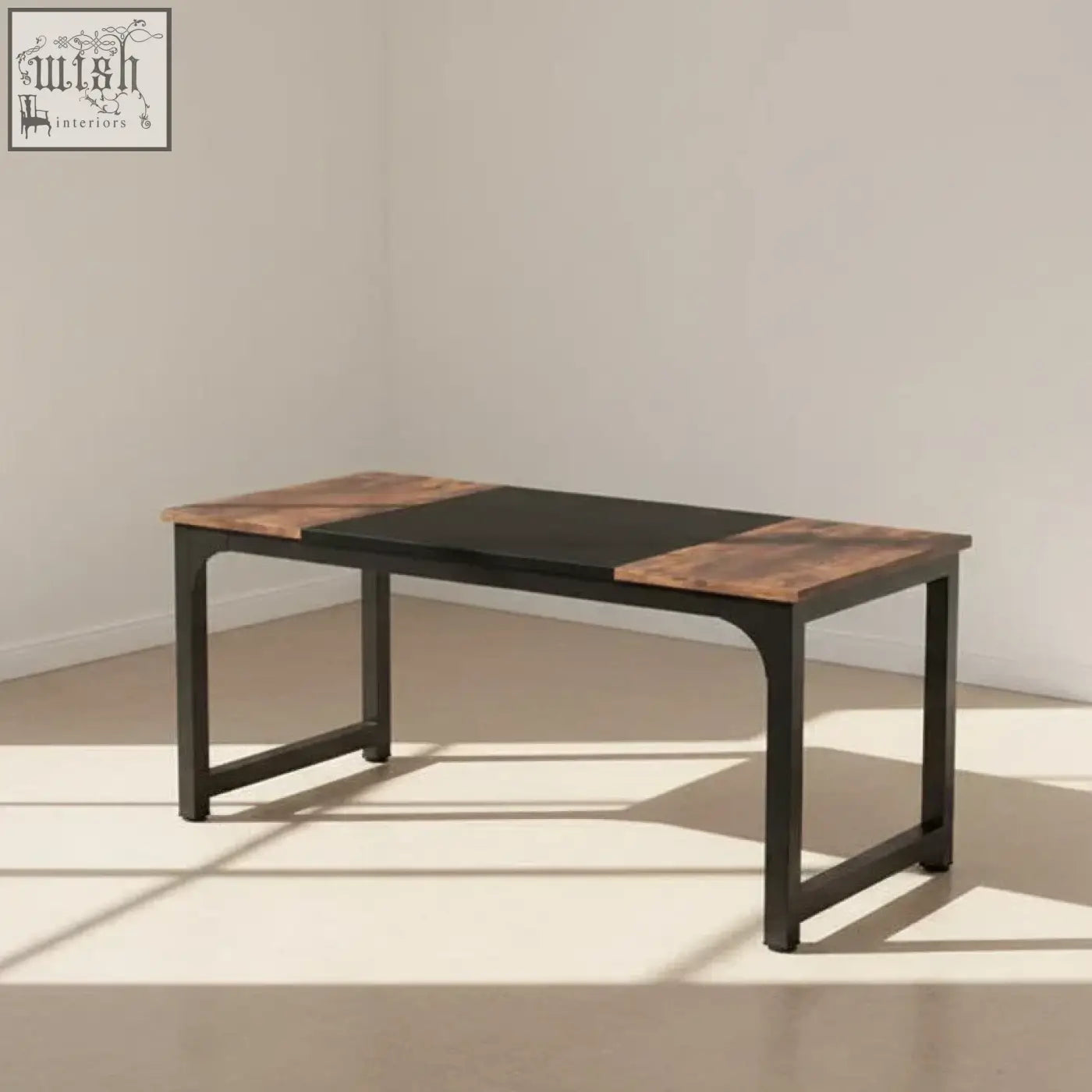 Modern conference table with black metal frame, rustic wood panels, and matte black center top for computer use