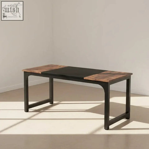 Modern conference table with black metal frame, rustic wood panels, and matte black center top for computer use