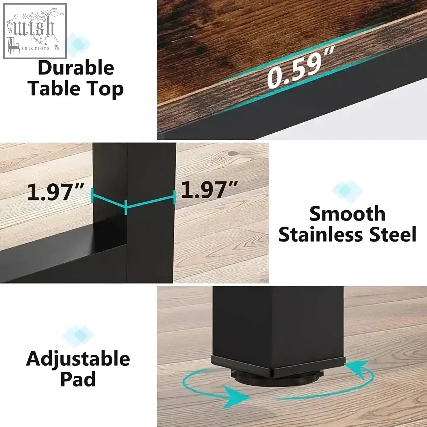 Black steel modern conference table with dark wood grain top and adjustable rubber pads for computer use