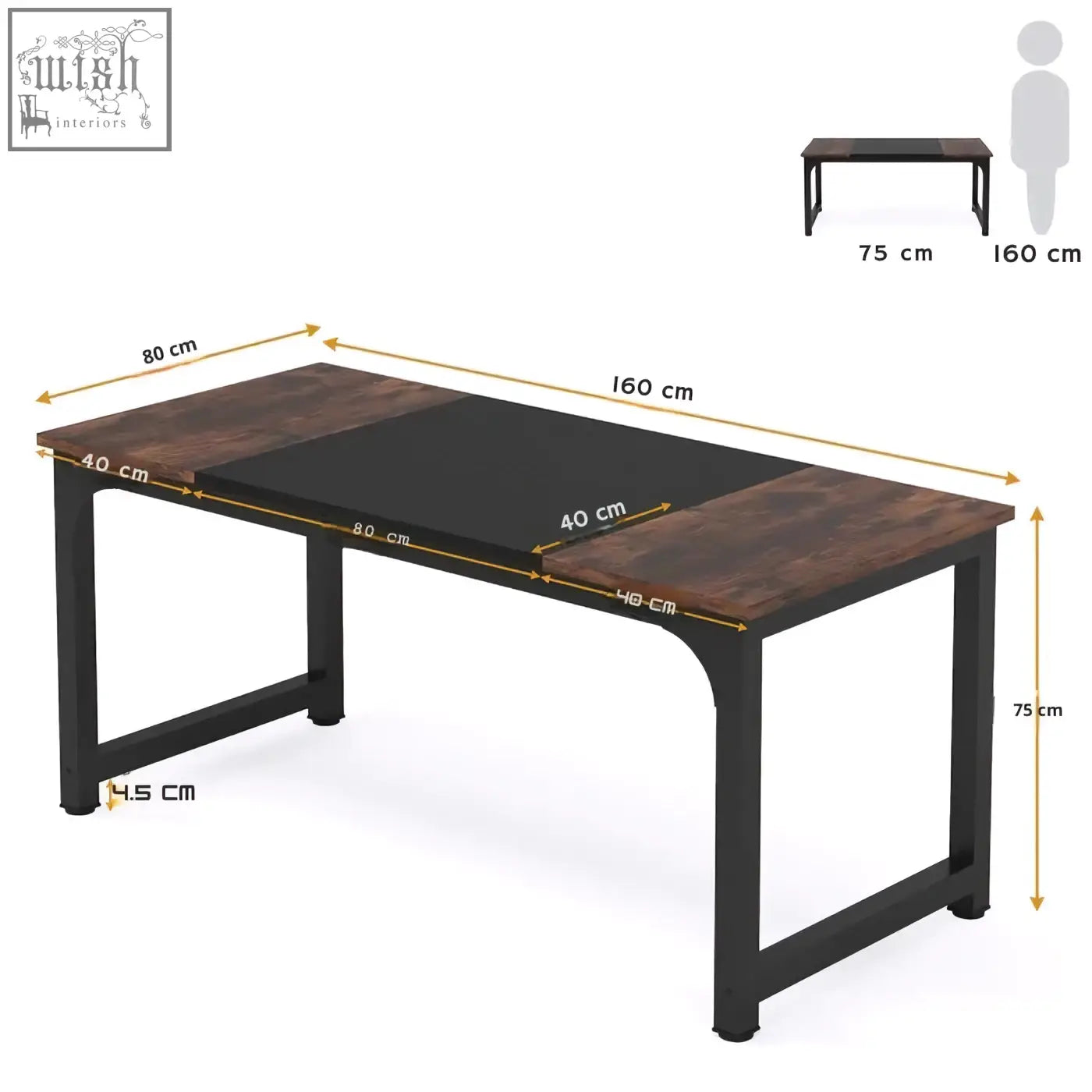 Modern conference table with dark brown wooden top black metal legs and central black panel for computer use