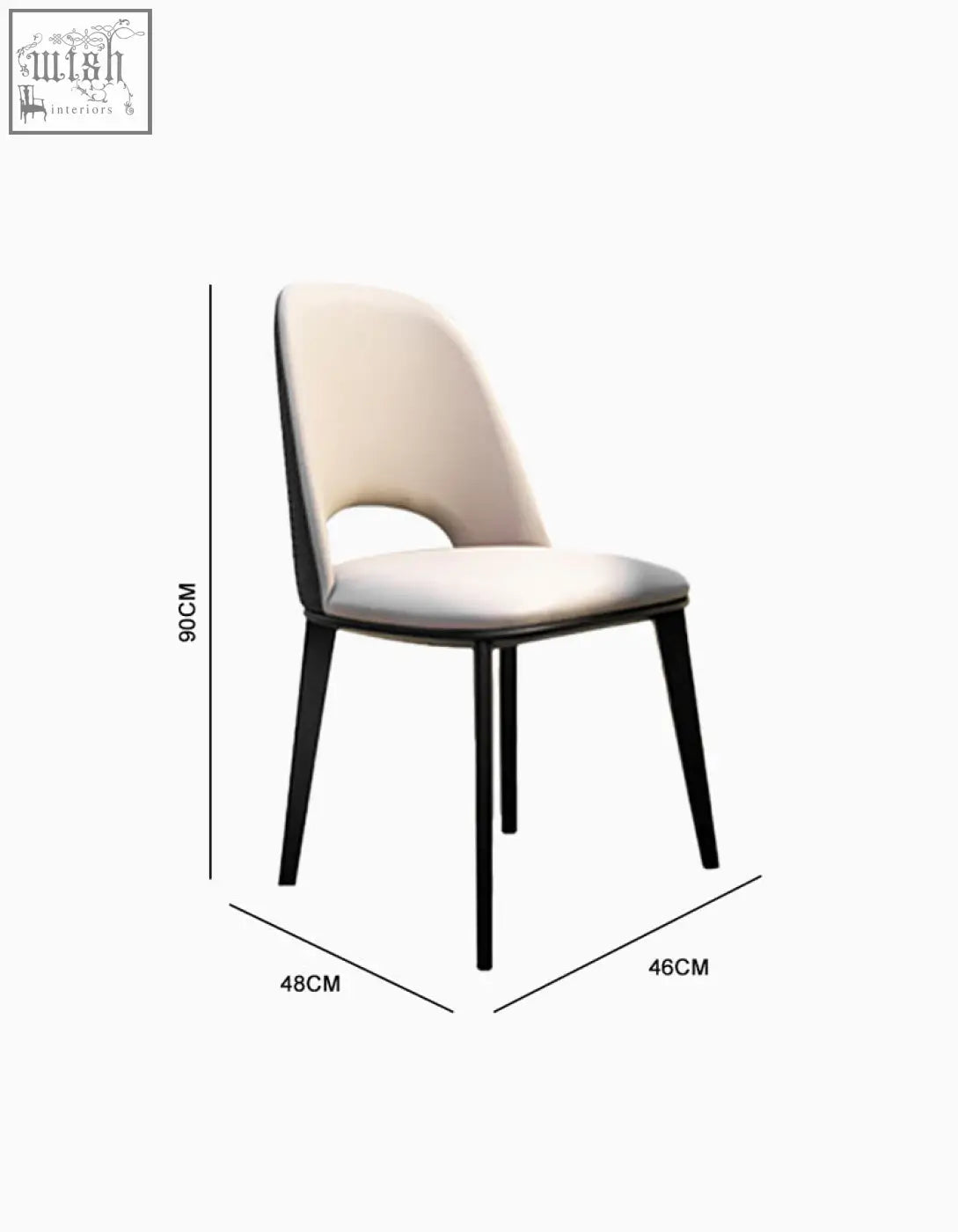 Cream-colored modern contexture dining chair with upholstered seat and sleek black metal legs and a cutout back design