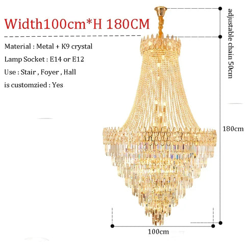Golden modern crystal chandelier with cascading k9 crystal strands and metal frame for elegant hotel hall or stairway