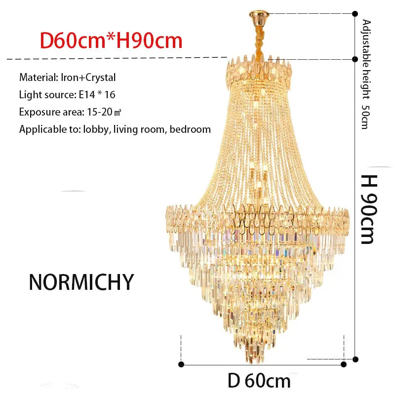 Gold-toned modern crystal chandelier with cascading crystal tiers and iron frame perfect for hotel hall lighting