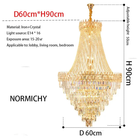 Gold-toned modern crystal chandelier with cascading crystal tiers and iron frame perfect for hotel hall lighting