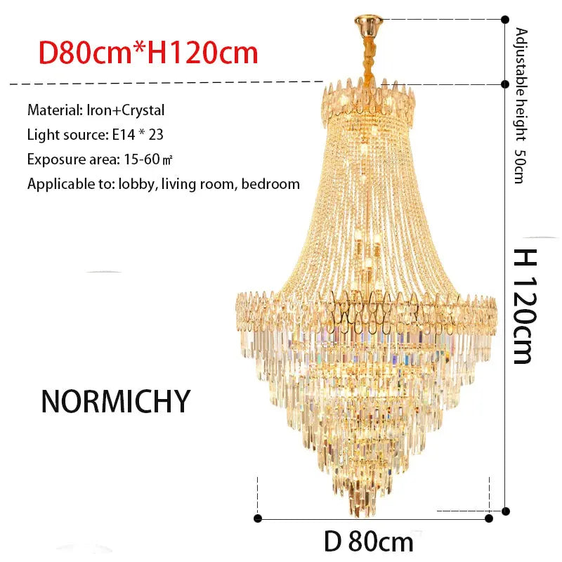 Modern crystal chandelier by normichy with golden iron and cascading faceted crystals for hotel hall or villa living room