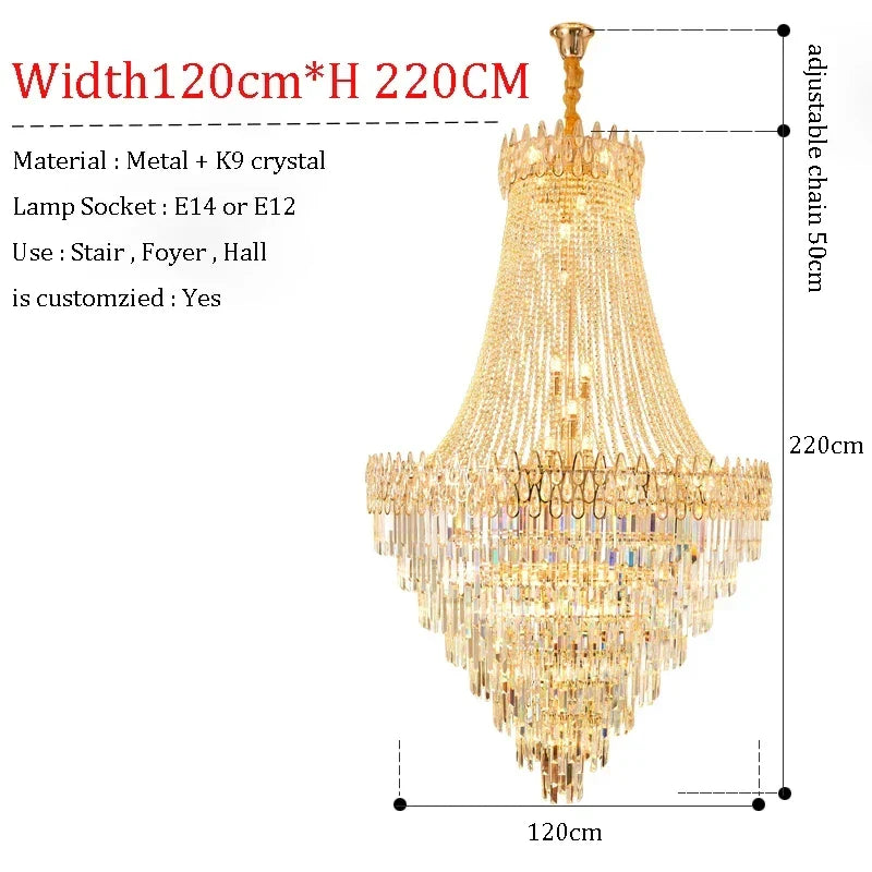 Modern crystal chandelier with golden metal frame and cascading k9 crystal strands for hotel hall or villa foyer