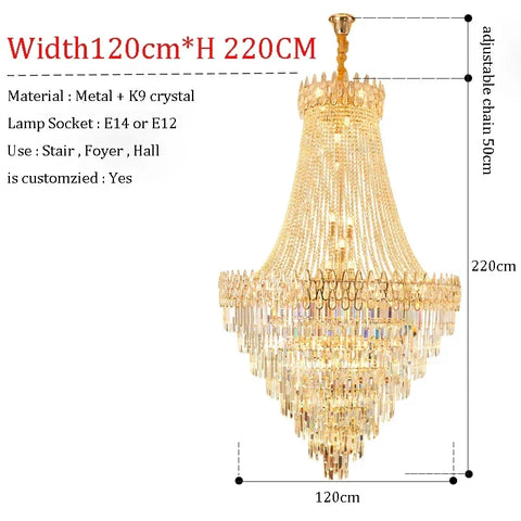 Modern crystal chandelier with golden metal frame and cascading k9 crystal strands for hotel hall or villa foyer