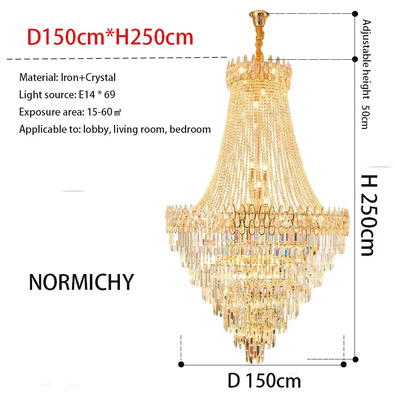 A modern crystal chandelier by normichy with gold tones and cascading crystals perfect for hotel hall or villa lighting