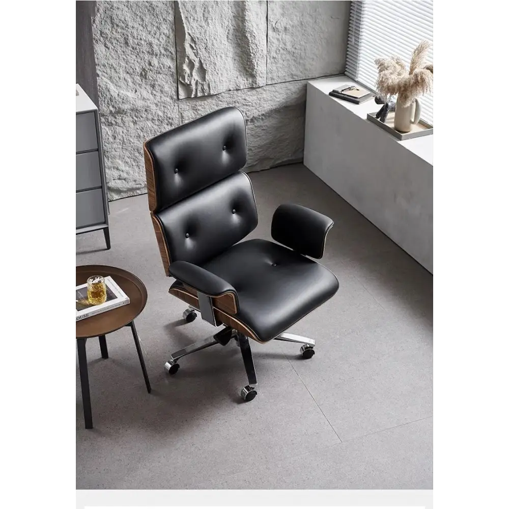 Modern E69 High Back Office Chair Black Premium Leather/ Walnut