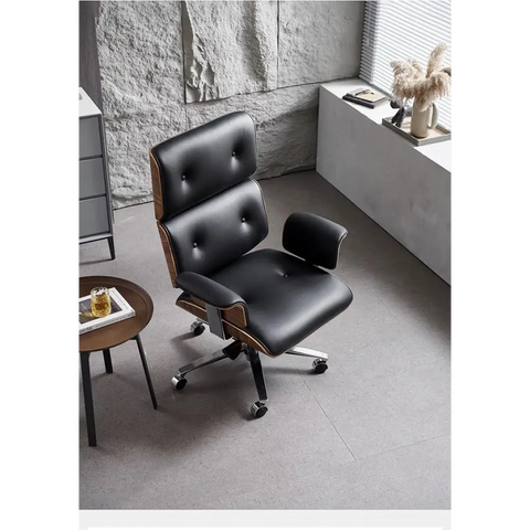 Modern E69 High Back Office Chair Black Premium Leather/ Walnut